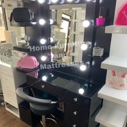 Black Vanity Set Hollywood Mirror LED Lights Makeup Table✨New