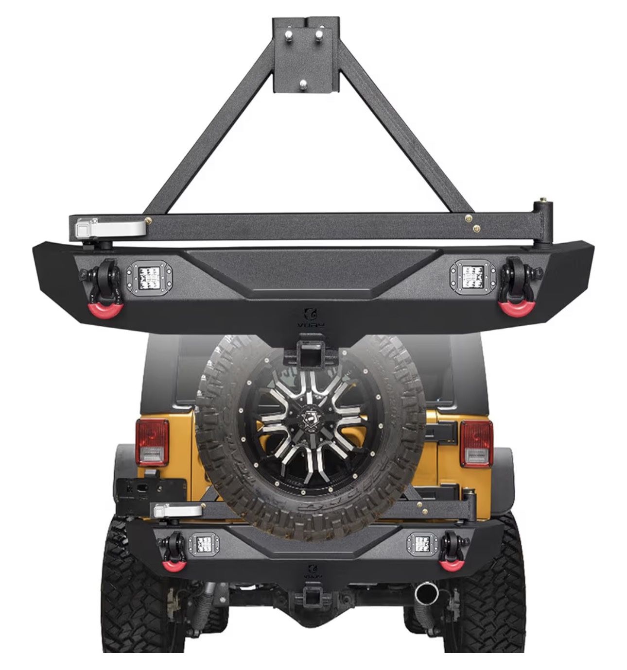 New in the box TIOYAR Rear Bumper Texture Black Compatible with 2007-2017 Wrangler JK/JKU w/Spare Tire Rack & 2 24W LED Lights & 2 4.75T D- Rings(D185