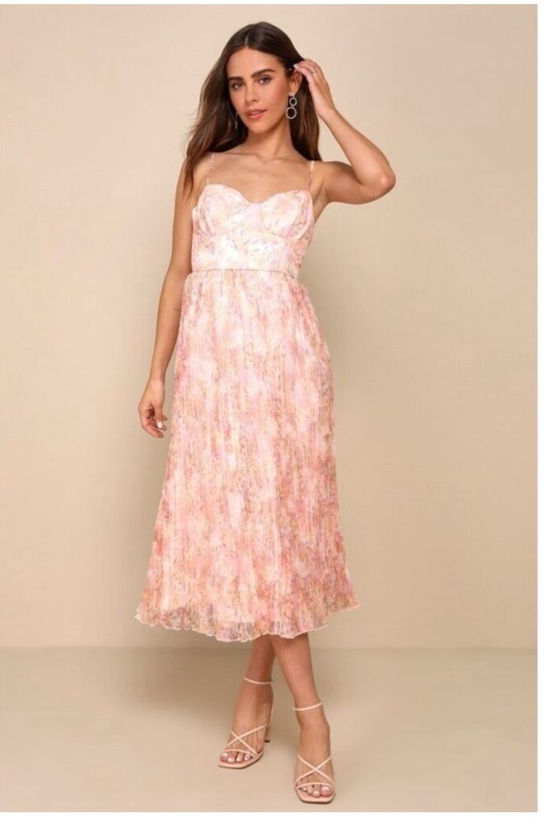 Lulus Finest Endeavor Blush Pink Floral Pleated Bustier Midi Dress - Size L