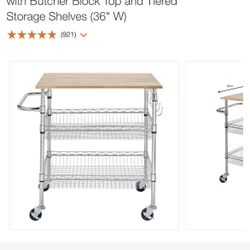 Gatefield Chrome Rolling Kitchen Cart with Butcher Block Top and Tiered Storage Shelves (36" W)