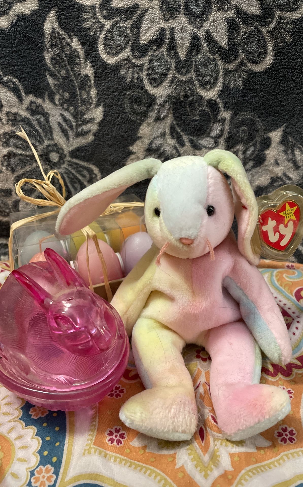 Vibrant Easter Egg Candles, Hippie Ty Bunny, Pink Rabbit Candy Jar
