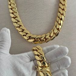 Set Chain & Bracelet 20mm Miami Cuban Link Yellow Gold Plated Chain Necklace 18k & 14k Crab Old School Regular Lock