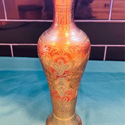 Vintage beautifully engraved solid brass tall colorful vase