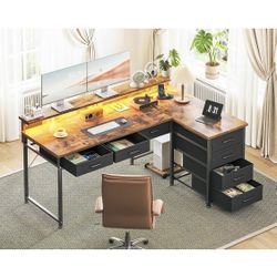  53" L Shaped Desk with 7 File Drawers, Gaming Desk with LED Light & Power Outlet,