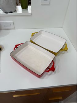 Vinatge Dansk Kobenstyle Enamel Cast Iron Roasting Pan or Casserole set of 2 Yellow and Red