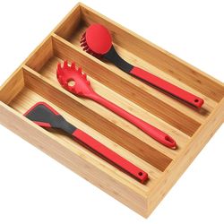 Bamboo Kitchen Utensils Organizer, 13 Inch Drawer Dividers for Silverware, Extra Deep Holder, with Non-Slip Feet, Wood Caddy for Flatware Cutlery