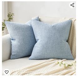 - 2 Pack Linen Jute Decorative Square Plain Cushion Covers for Sofa Car, 18 x 18 Inch, Light Blue