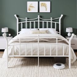 14 Inches Queen Size Metal Platform Bed Frame with Elegant Crown Iron-Art Headboard & Footboard, Sturdy Mattress Foundation with Under-Bed Storage, Ea