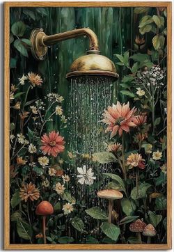 Charming Framed Moody Botanical Wildflower Shower Wall Art. 16x 26 - Dark Green