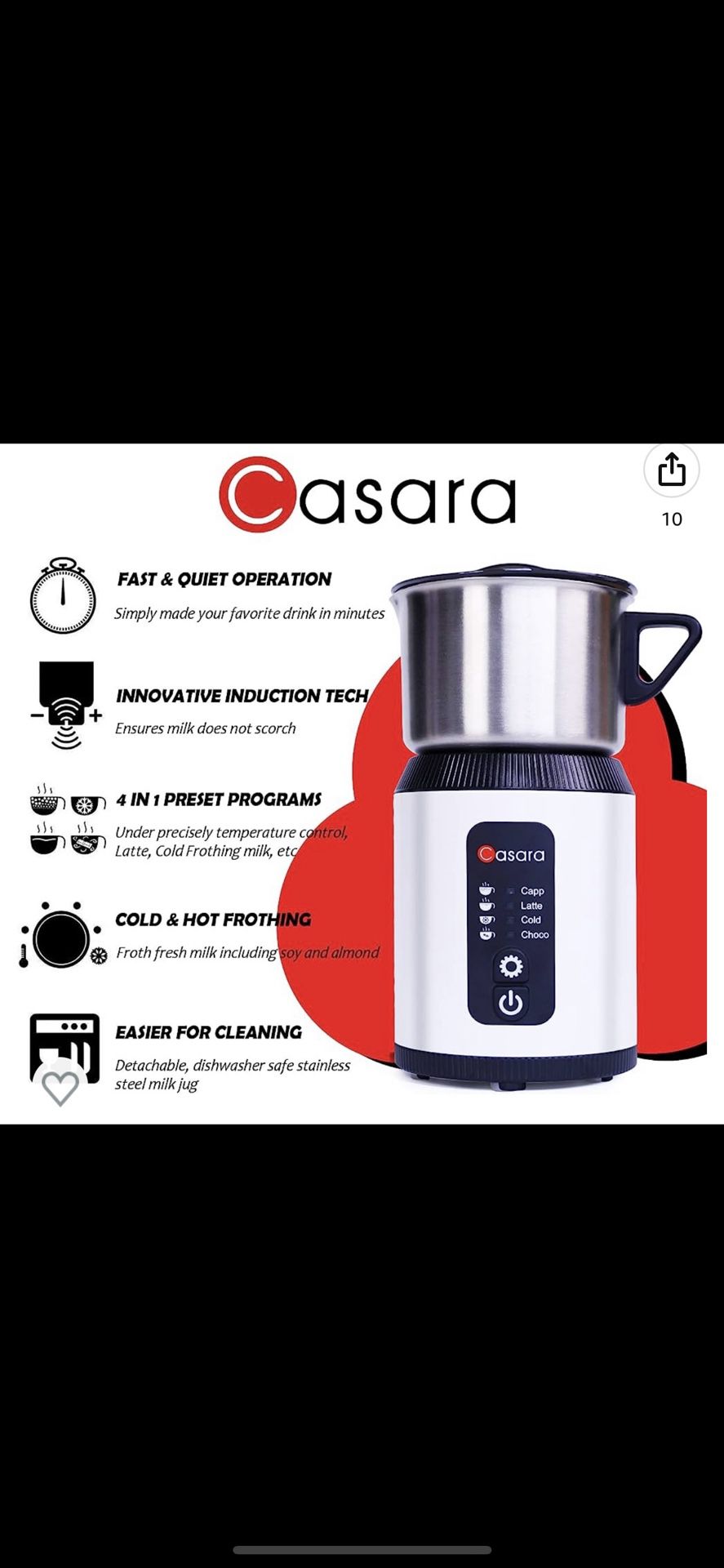 Casara Milk Frother and Steamer Machine, Warm and Cold Milk  Foamer,Professional Frothing Standard,4-in-1 Functions,Dishwasher Safe,27oz  Detachable