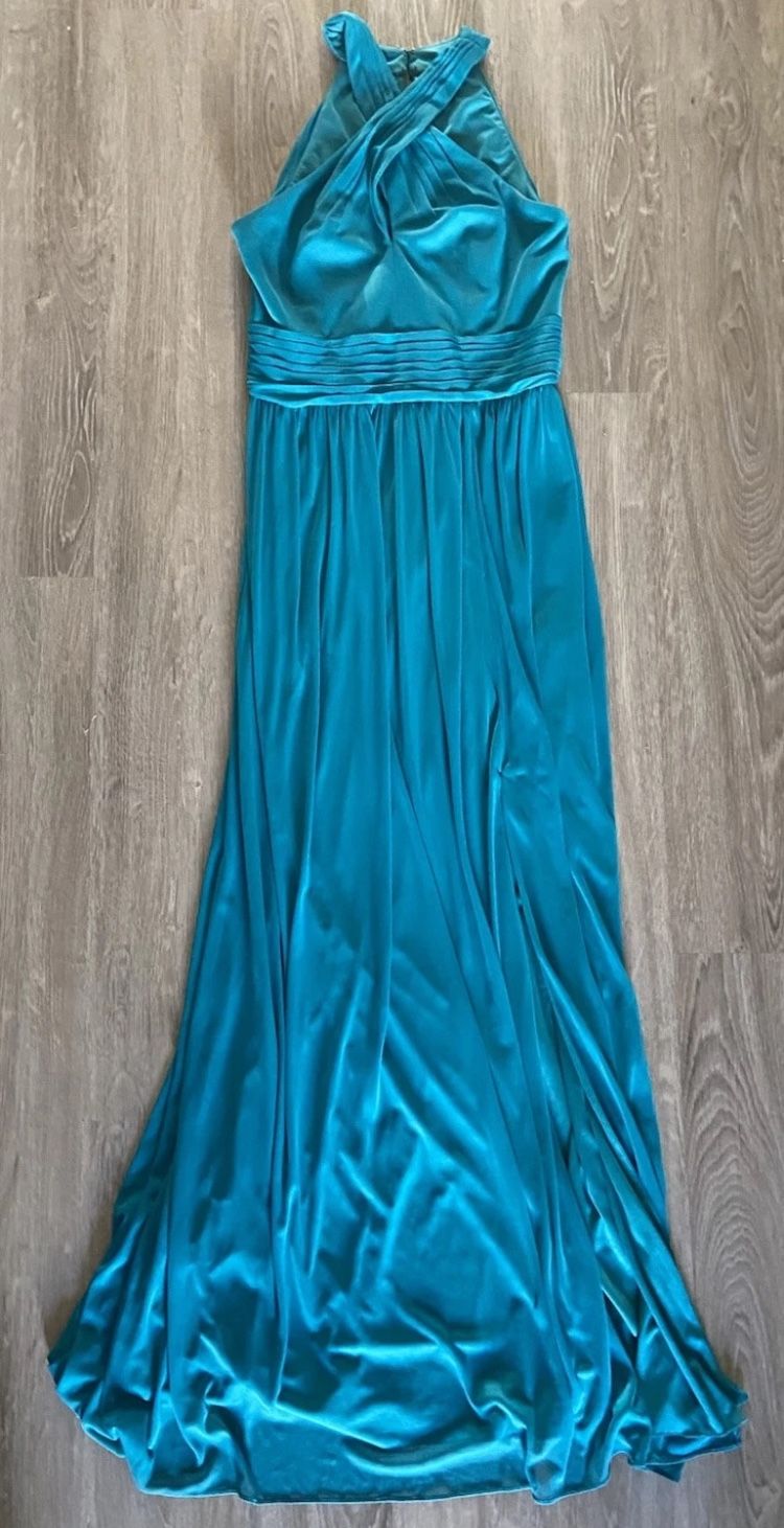 David’s Bridal Bridesmaid Dress Size 8 Oasis Blue Full Length, Keyhole, Slit