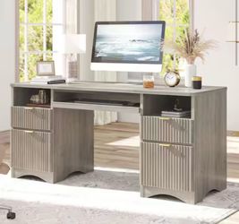 60 in. Wash Grey Fluted Executive Desk with 4-Storage Drawers and Keyboard Tray, Computer Desk for Home Office