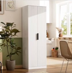White Modern Pantry Cabinet with Fluted Doors