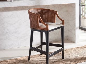 BRAND NEW — Set of 4 Solid Wood + Rattan Counter Stools