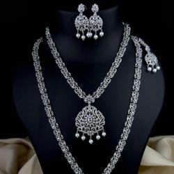 Beautiful Double Layer Cubic Zirconia  Necklace Set with Earrings