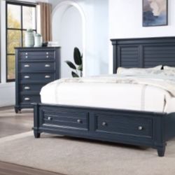 Brand New Blue 4pc Queen Bedroom Set (Available In California & Eastern King)