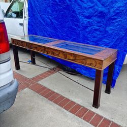 Large Glass Top Wood and Metal Console Table