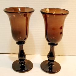 2 Purple Amethyst Art Glass Wine Goblets Signed 
