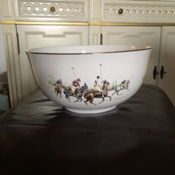 Ralph Lauren “Polo Scene” Bone China Large Serving Bowl Gold Trim England Sport Of Kings, Equestrian Collector Bowl