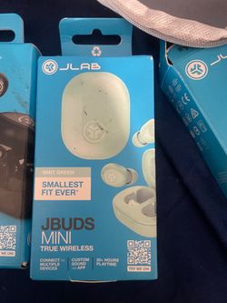 JLab mint green smallest fit Ever Jbuds mini true wireless Connect to múltiple Devices Custom sound vía app 20+hours play time Onn
