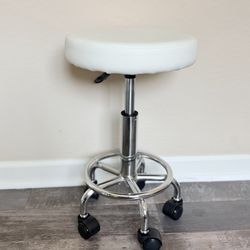White Leather Adjustable Rolling Office Stool