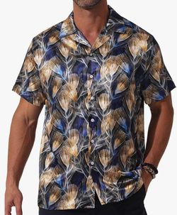 New Men Satin Printed  Dress Shirt Cuban  Collared Casual  Short Sleeve  FOHEMR Size M
