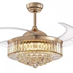 Lights on sale 42 in. Indoor Gold Smart Retractable Crystal Ceiling Fan with Adjustable LED Light In