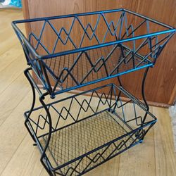 2 Tier/Tray Black Metal Iron Fruit Basket Storage Bread Vegetables Holder 
