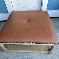 Good Condition Wood And Leather Square Coffee Table