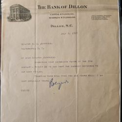 1927 Bank Of Dillon, SC Letterhead Re: Sen. Jefferies