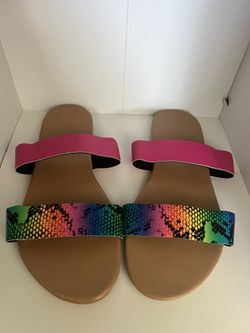 Hot Pink Snake Skin Rainbow Print Slide On Sandals