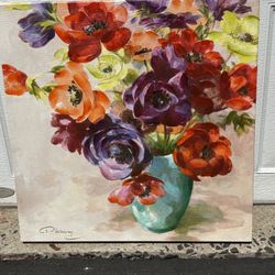 Colorful Floral Artwork Painting Paint Still Life of Flowers in Vase Signed Paul Valencay 19.5” Square Canvas