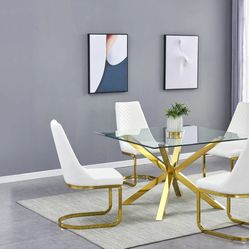 GLAM 5 PIECE GOLD BASE GLASS TOP FAUX LEATHER CHAIRS DINING TABLE SET - MESA SILLAS COMEDOR DORADO