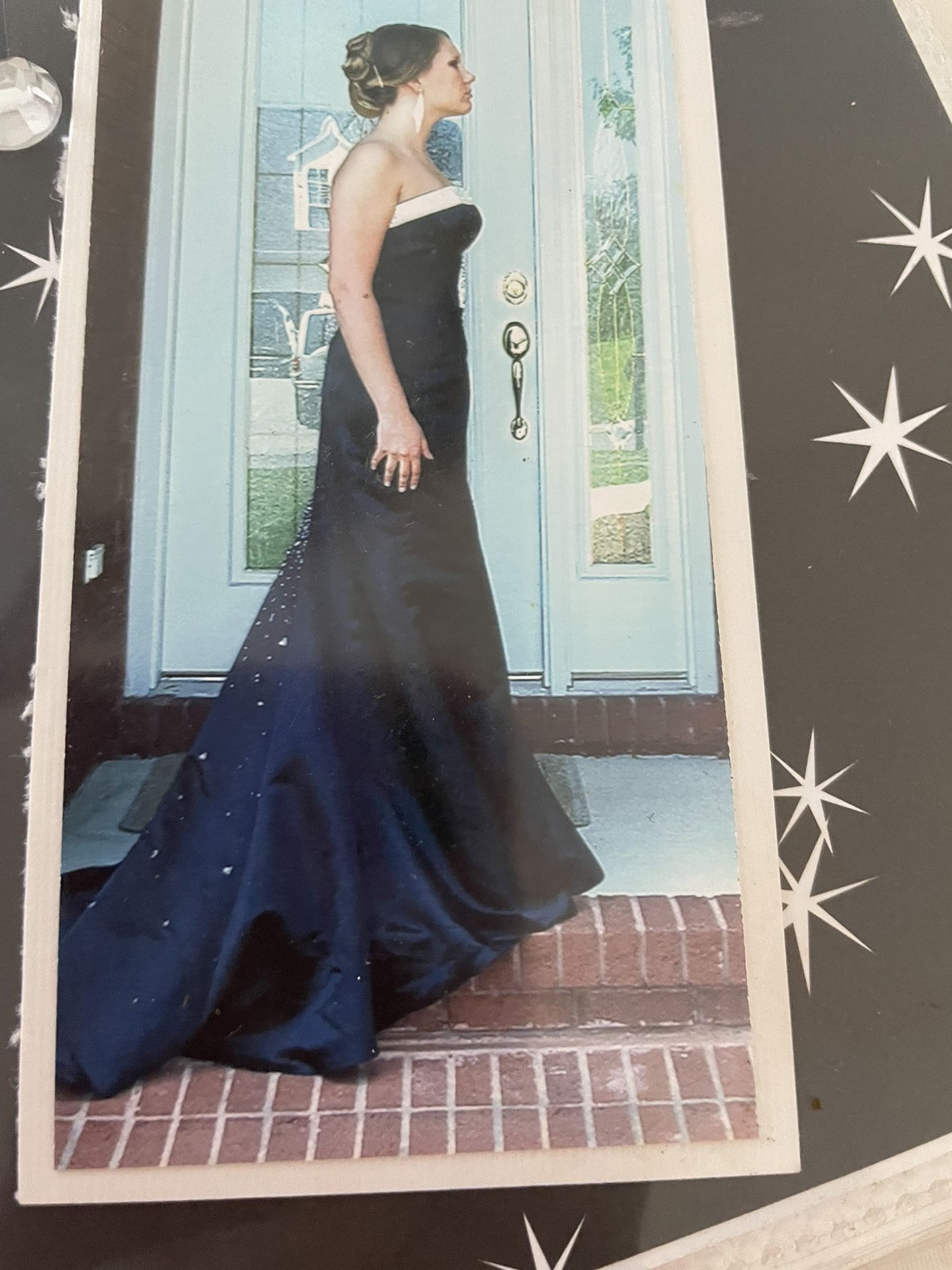 Black Satin Strapless Prom Dress With Rhinestone Band And Beaded Train Size 10