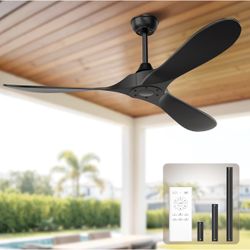 Black Outdoor Ceiling Fan, 52 in Ceiling Fans No Light with Remote Control, 3 Blades, 6 Speed Reversible DC Motor Modern for Patios, Living Room, Bedr