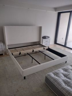 White Upholstered Wingback Bed Frame