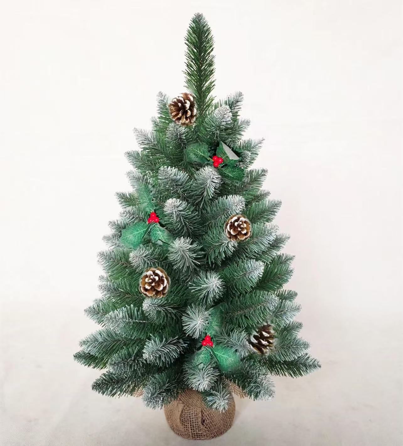 Mini Christmas Tree with Snow, Holly, Pine Cones,24 Inches Mini Flocked Artificial Christmas Tree Tabletop Christmas Tree with Burlap Base,Style: 2ft-
