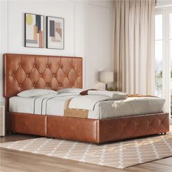 Queen Size Bed Frame with Adjustable Headboard and 4 Drawers Storage,Amber Brown 