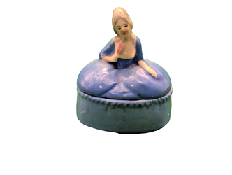 VTG Porcelain Half Doll Powder Jar Dresser Trinket Box Lady Fan Germany 2.7"