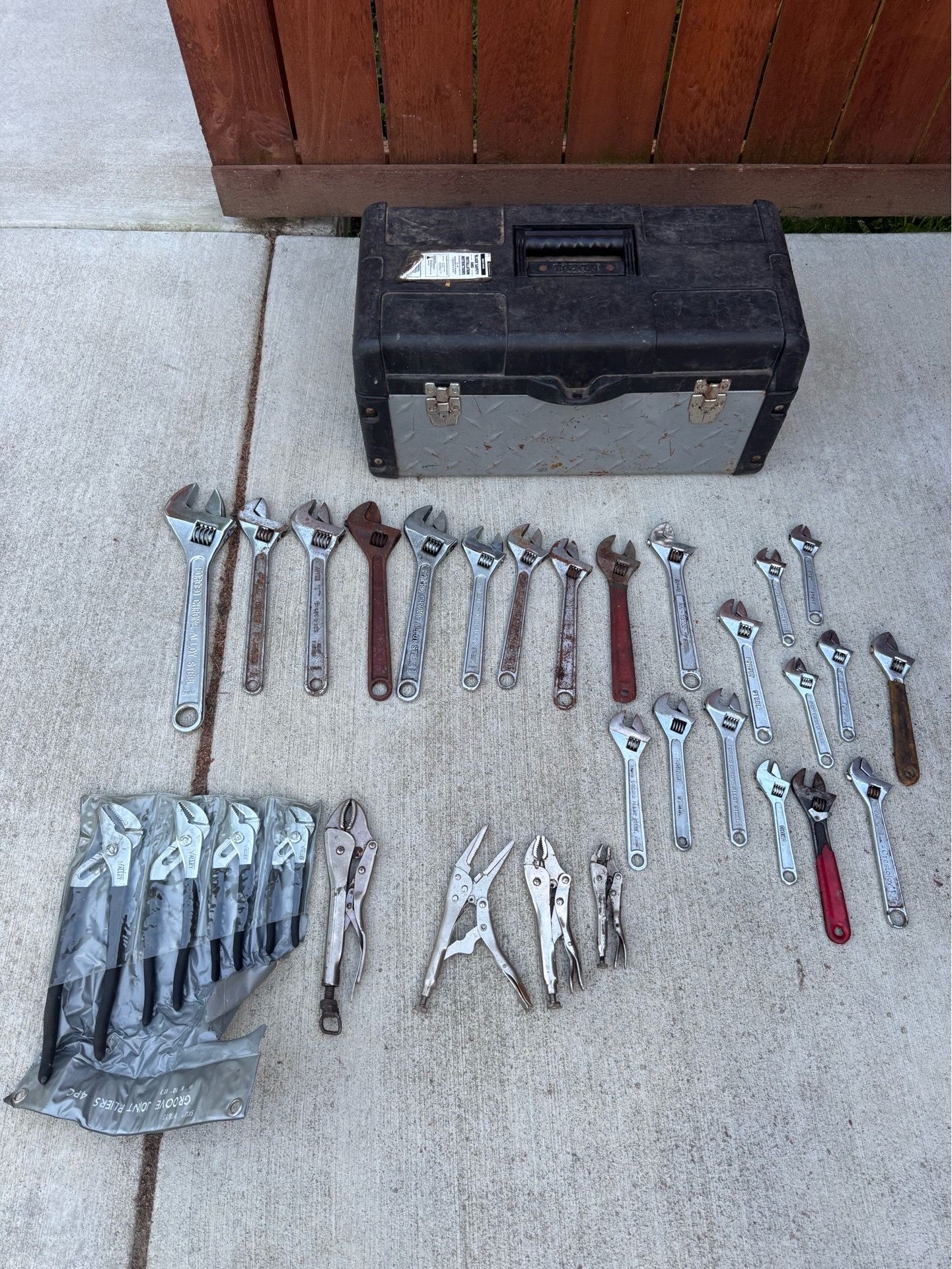 Large Tool Lot w/ Toolbox – Adjustable Wrenches, Locking Pliers & More