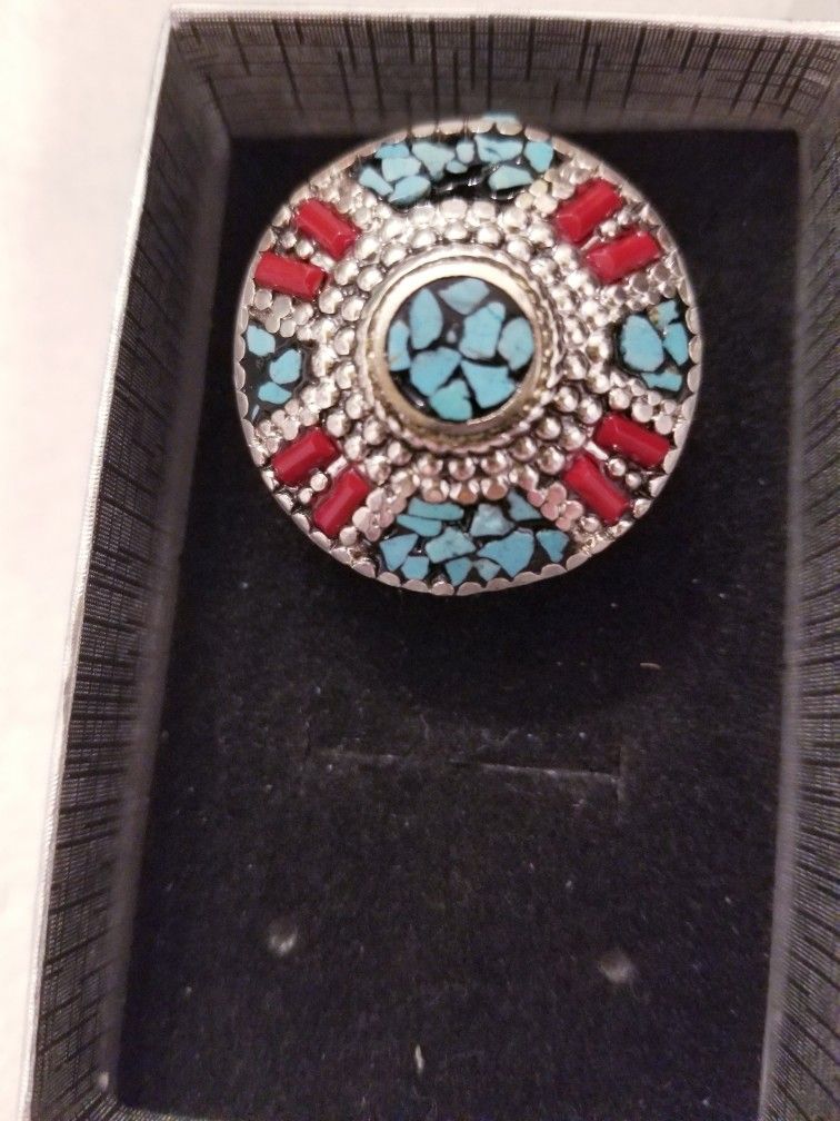 American Indian Handmade Turquoise Ring. Size 6. Sterling Silver
