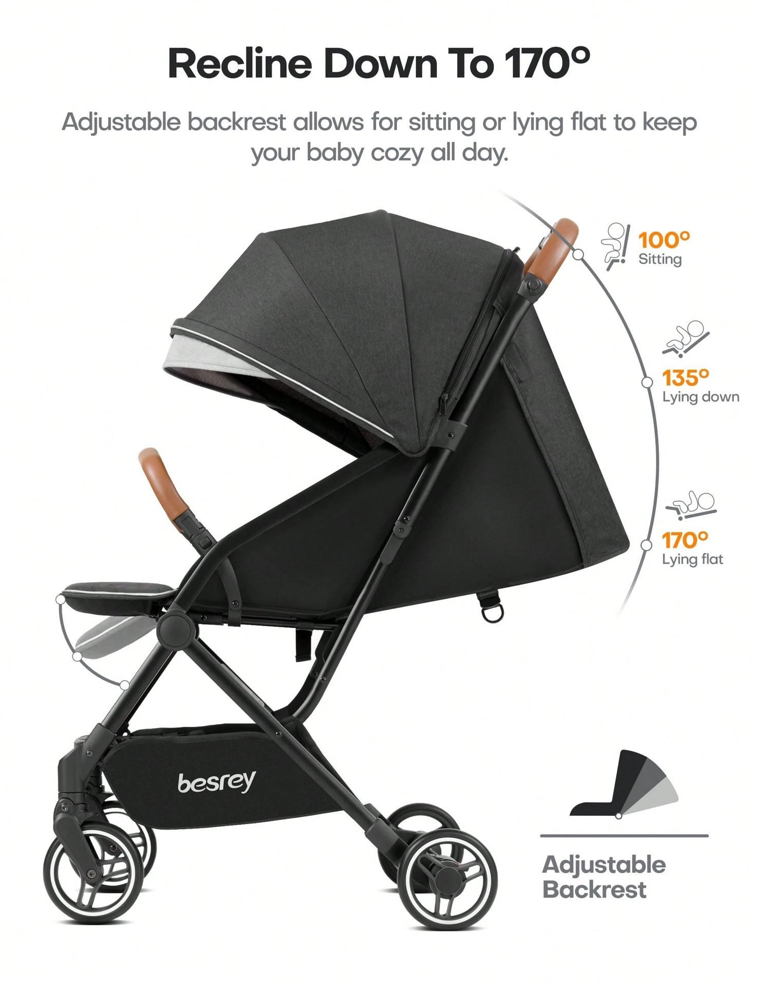 Besrey Lightweight Baby Stroller, 2 Step Easy Folding, Compact Travel Stroller For Airplane, Carbon Gray