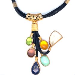 Gold Multi-Stone Pendant Necklace with Black Cord