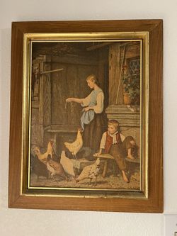 Vintage Framed Albert Anker Print Feeding Chickens