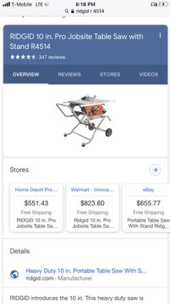 Ridgid 10” table saw w rolling stand