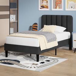 Twin Size Bed Frame with Upholstered Headboard, Velvet Platform Bedframe Mattress Foundation, Strong Wood Slat Support, No Box Spring Needed,Black