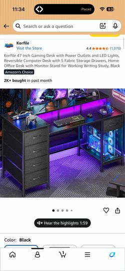 Like New Korfile 47” Gaming Desk w/ LED Lights, Power Outlets & Drawers - Open Box