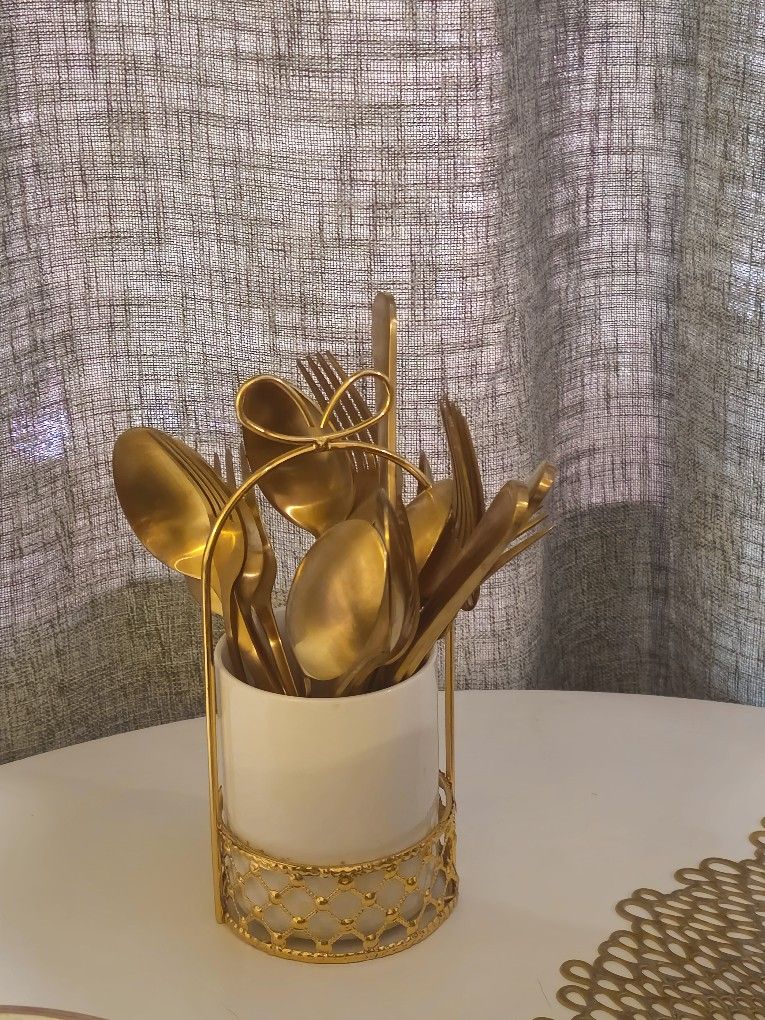 Ceramic Silverware Holder For Tabletop, White Cutlery Holder With Golden Metal Bracket, Decorative Flatware Holder Countertop Utensil Holder