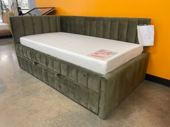 Daybed with Trundle - olive green velvet fabric