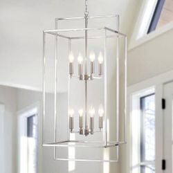 QAREHL 15.7in W x 33in H Lantern Chandelier for High Ceiling, 8-Light Brushed Nickel Foyer Light